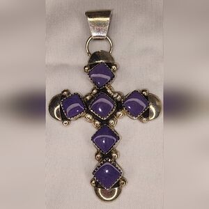 Cross Pentant With Purple Stones Set In Sterling Silver
